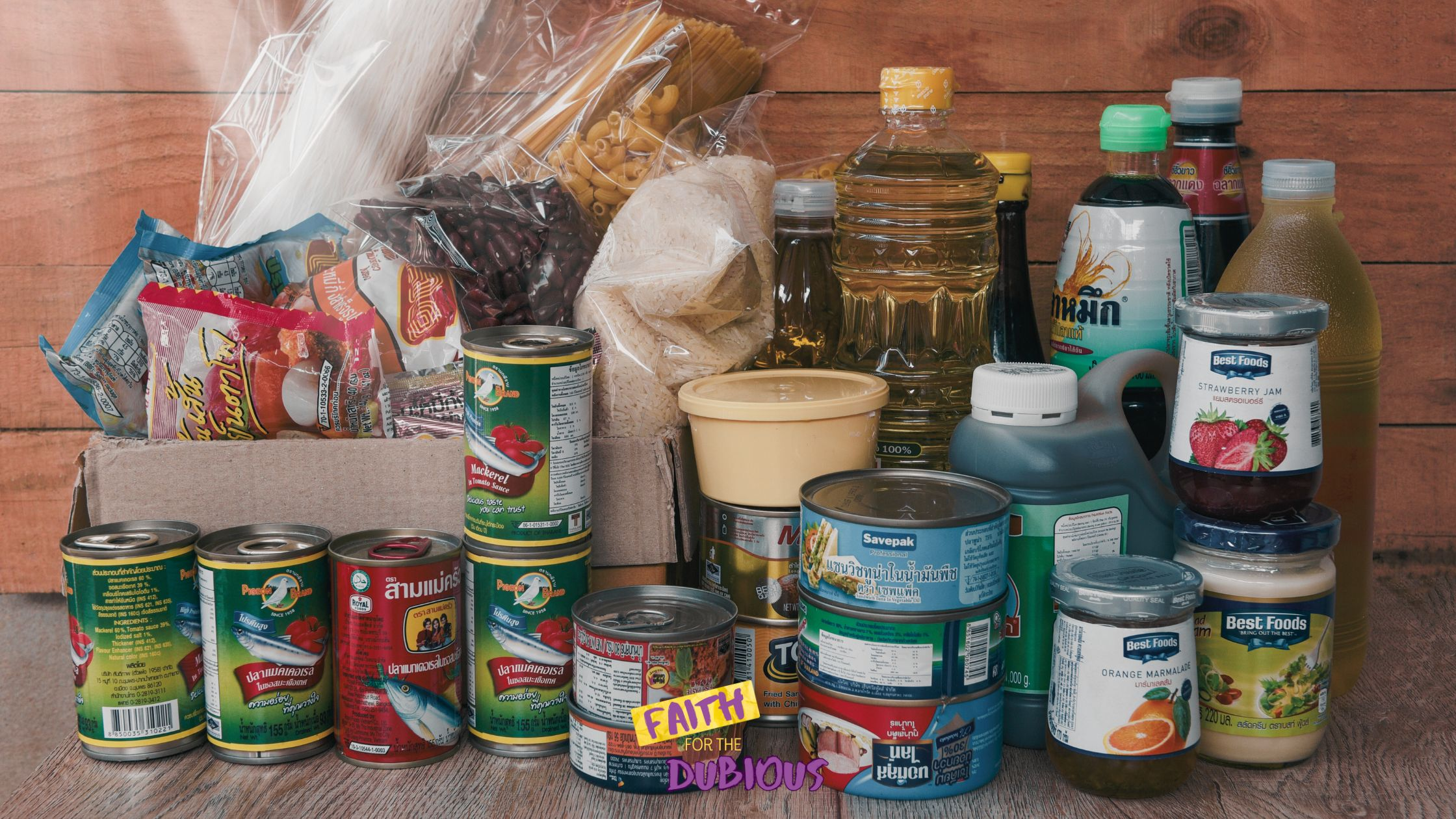 A box from a drop off food donations with non-perishables.