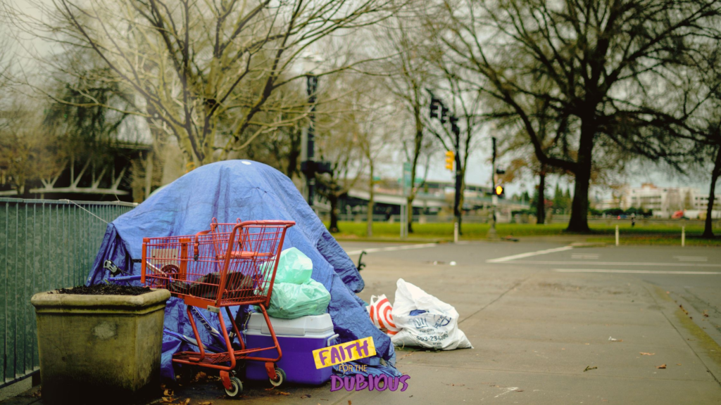 A homeless encampment for a post about Bible verses about helping the poor.